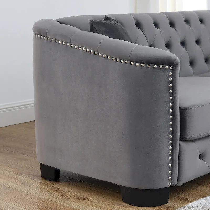 Velvet Sofa - 77"W, 3 Seats, Tufted Backrest, Nailhead Trim, Style, 250 lbs/Seat, Grey, Modern