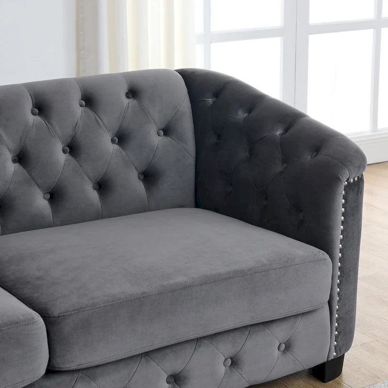 Velvet Sofa - 77"W, 3 Seats, Tufted Backrest, Nailhead Trim, Style, 250 lbs/Seat, Grey, Modern