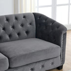 Velvet Sofa - 77"W, 3 Seats, Tufted Backrest, Nailhead Trim, Style, 250 lbs/Seat, Grey, Modern