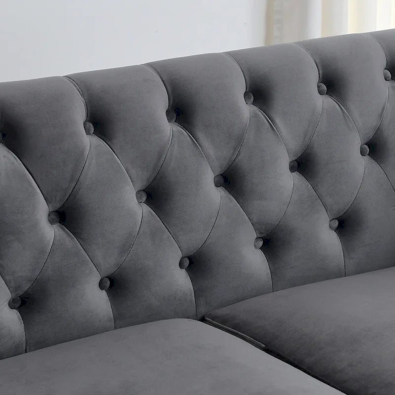 Velvet Sofa - 77"W, 3 Seats, Tufted Backrest, Nailhead Trim, Style, 250 lbs/Seat, Grey, Modern