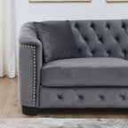Velvet Sofa - 77"W, 3 Seats, Tufted Backrest, Nailhead Trim, Style, 250 lbs/Seat, Grey, Modern