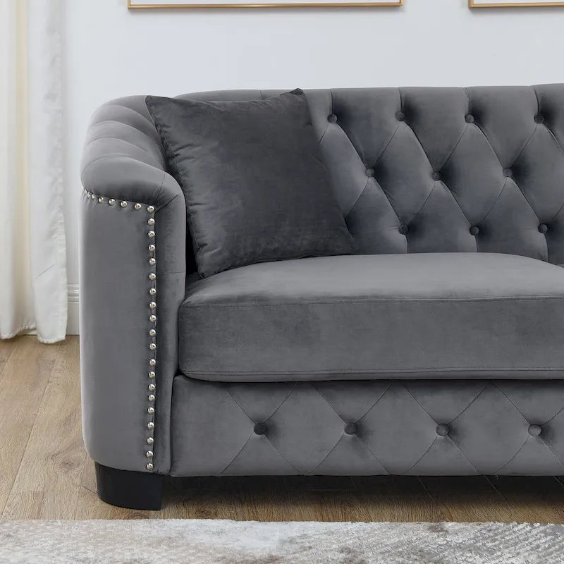 Velvet Sofa - 77"W, 3 Seats, Tufted Backrest, Nailhead Trim, Style, 250 lbs/Seat, Grey, Modern