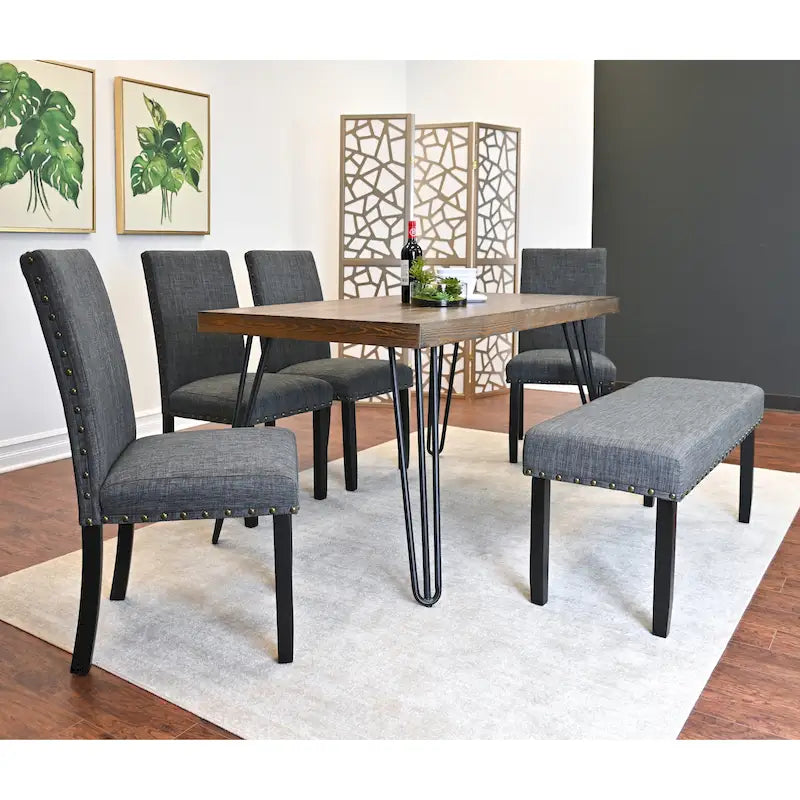 Dining Table with Chairs and Bench - 60"D x 33"W x 30"H, 4 Chairs, Linen Upholstered, Hairpin Legs, Industrial, 3 Colors