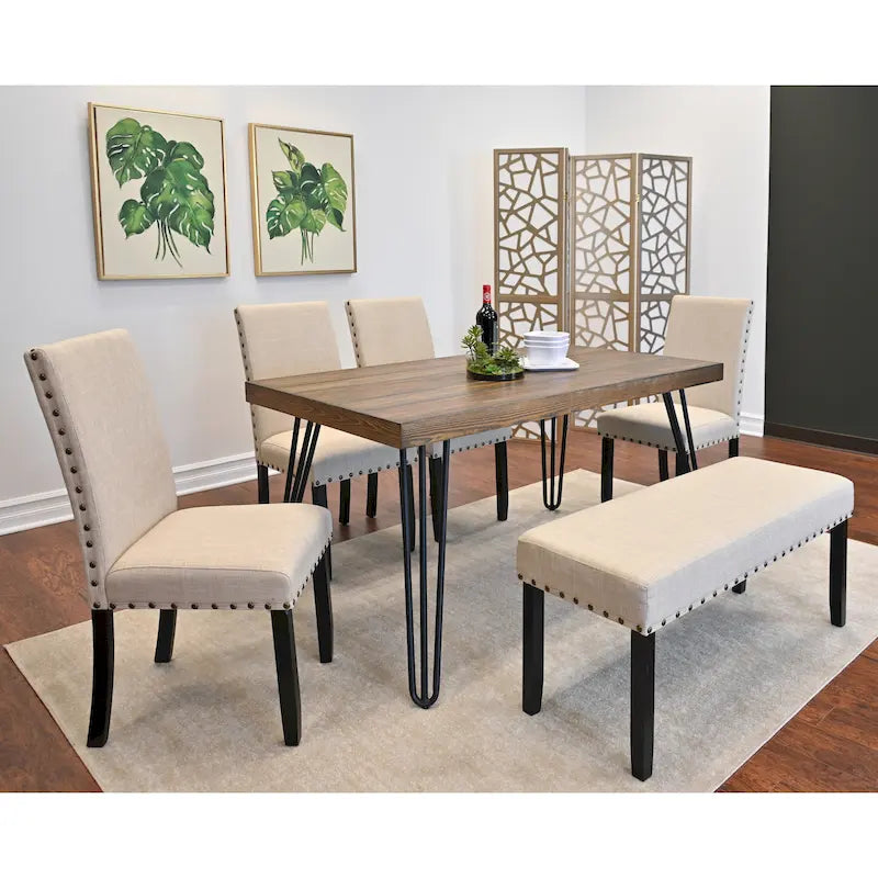 Dining Table with Chairs and Bench - 60"D x 33"W x 30"H, 4 Chairs, Linen Upholstered, Hairpin Legs, Industrial, 3 Colors