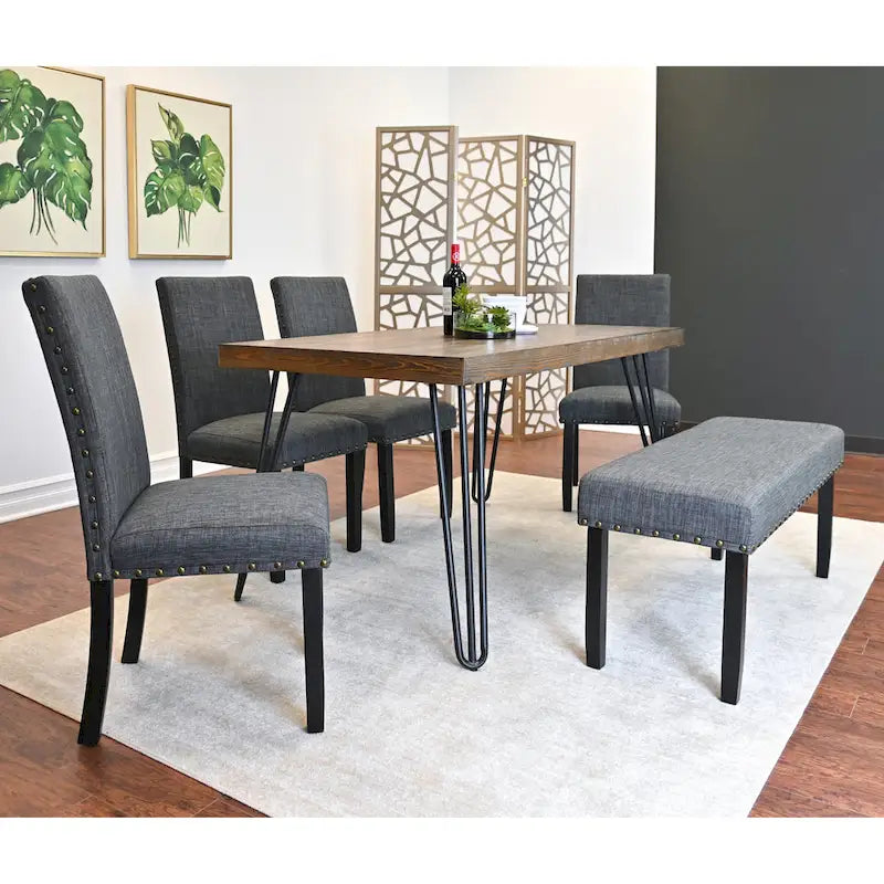 Industrial Style 6-Piece Dining Set with Rectangular Table, 4 Linen Upholstered Chairs and Bench