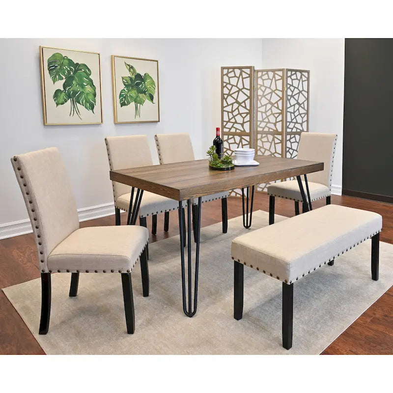 Dining Table with Chairs and Bench - 60"D x 33"W x 30"H, 4 Chairs, Linen Upholstered, Hairpin Legs, Industrial, 3 Colors