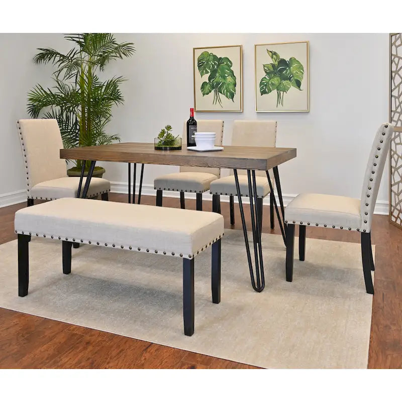 Dining Table with Chairs and Bench - 60"D x 33"W x 30"H, 4 Chairs, Linen Upholstered, Hairpin Legs, Industrial, 3 Colors