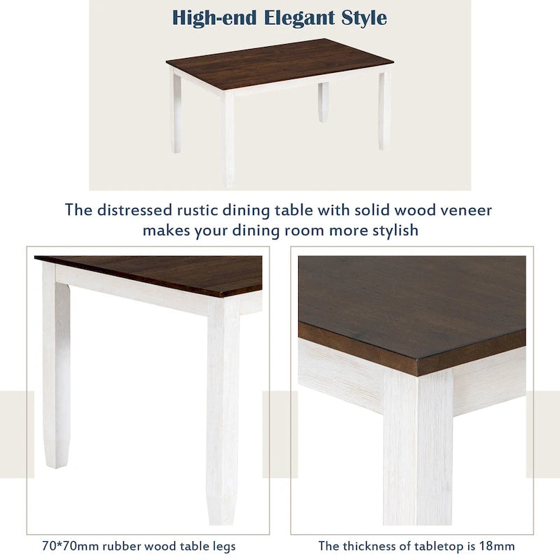 Dining Table with Chairs and Bench - 60"L x 36"W, Includes 4 Chairs & 1 Bench, Solid Wood Veneer, Distressed Walnut, 350 lbs