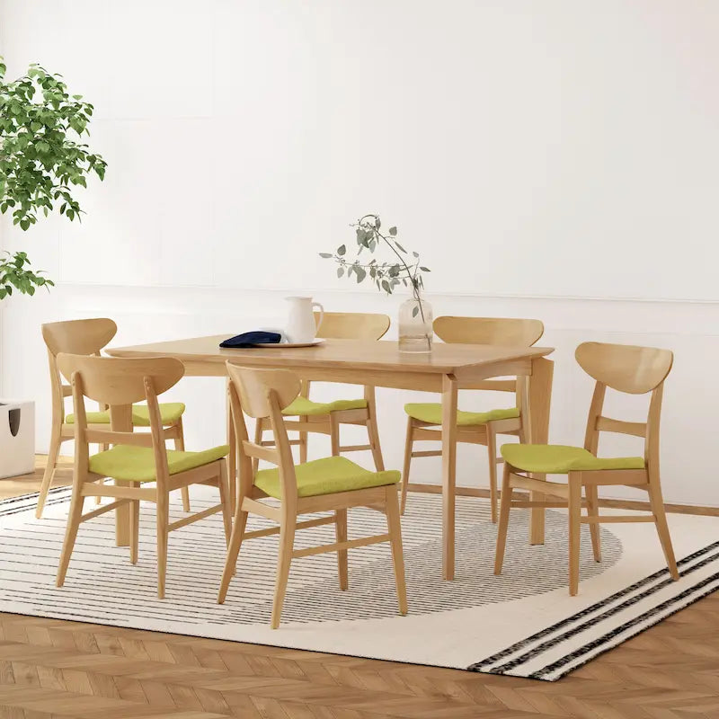 Dining Table with 6 Chairs - 59.1"W, Mid-Century Modern, Rubberwood, Upholstered Seats, 300 lbs Capacity, 6 Color Options