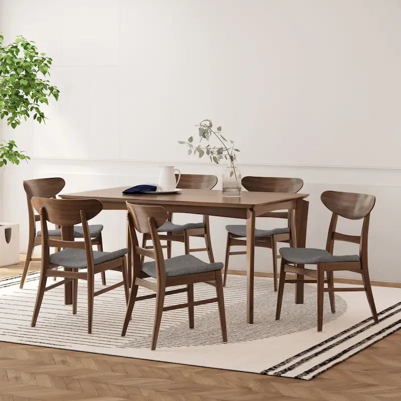 Dining Table with 6 Chairs - 59.1"W, Mid-Century Modern, Rubberwood, Upholstered Seats, 300 lbs Capacity, 6 Color Options