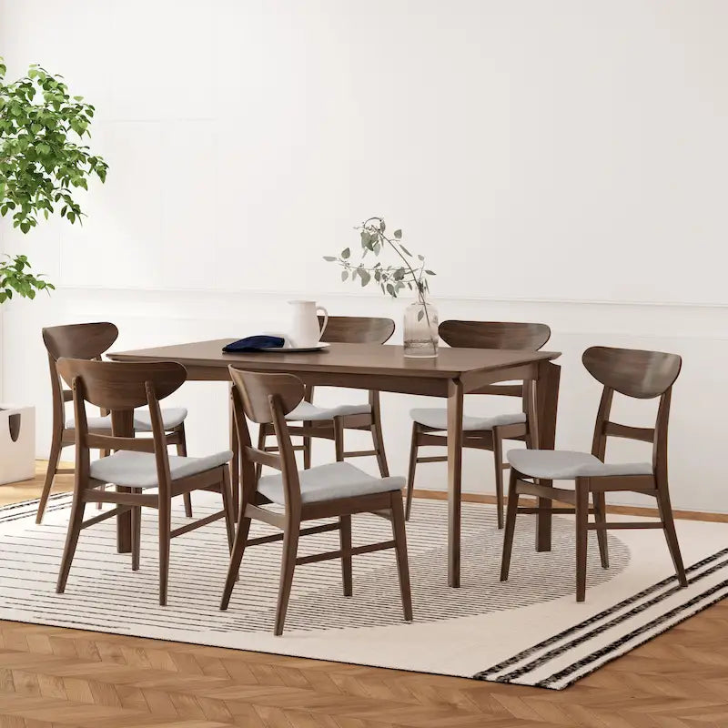 Dining Table with 6 Chairs - 59.1"W, Mid-Century Modern, Rubberwood, Upholstered Seats, 300 lbs Capacity, 6 Color Options