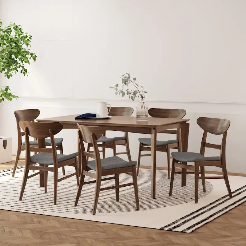 Dining Table with 6 Chairs - 59.1"W, Mid-Century Modern, Rubberwood, Upholstered Seats, 300 lbs Capacity, 6 Color Options