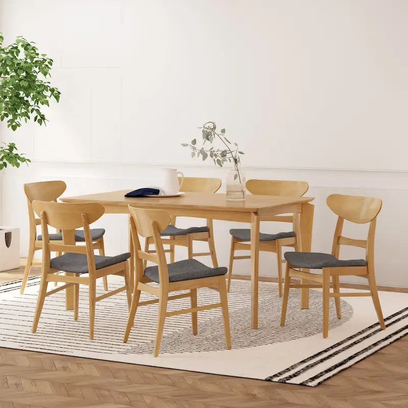 Dining Table with 6 Chairs - 59.1"W, Mid-Century Modern, Rubberwood, Upholstered Seats, 300 lbs Capacity, 6 Color Options