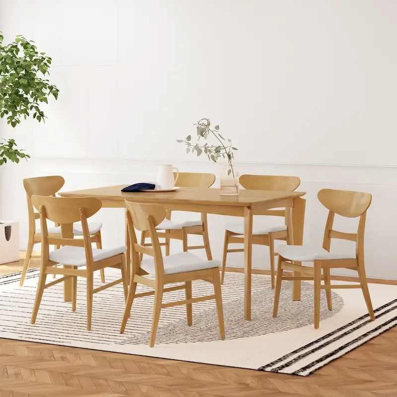 Dining Table with 6 Chairs - 59.1"W, Mid-Century Modern, Rubberwood, Upholstered Seats, 300 lbs Capacity, 6 Color Options
