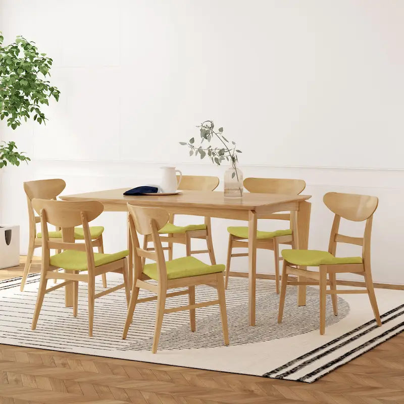 Dining Table with 6 Chairs - 59.1"W, Mid-Century Modern, Rubberwood, Upholstered Seats, 300 lbs Capacity, 6 Color Options
