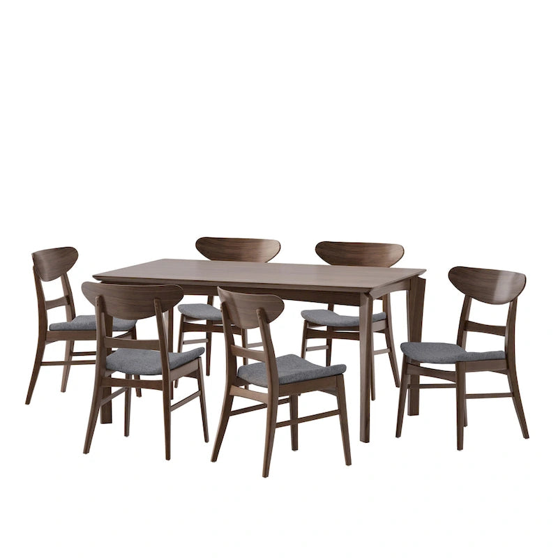 Dining Table with 6 Chairs - 59.1"W, Mid-Century Modern, Rubberwood, Upholstered Seats, 300 lbs Capacity, 6 Color Options