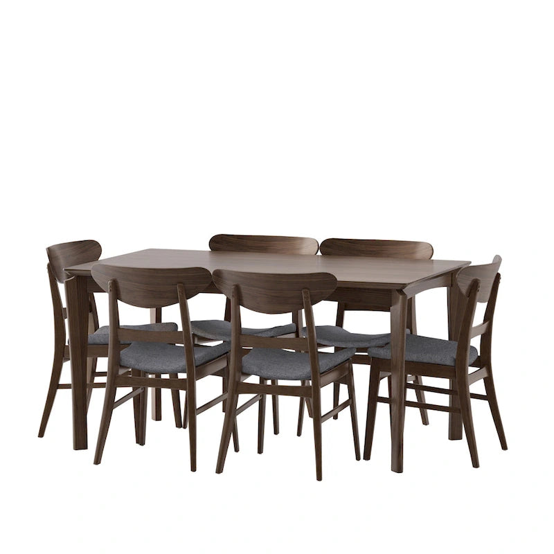 Dining Table with 6 Chairs - 59.1"W, Mid-Century Modern, Rubberwood, Upholstered Seats, 300 lbs Capacity, 6 Color Options