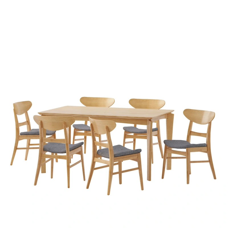 Dining Table with 6 Chairs - 59.1"W, Mid-Century Modern, Rubberwood, Upholstered Seats, 300 lbs Capacity, 6 Color Options
