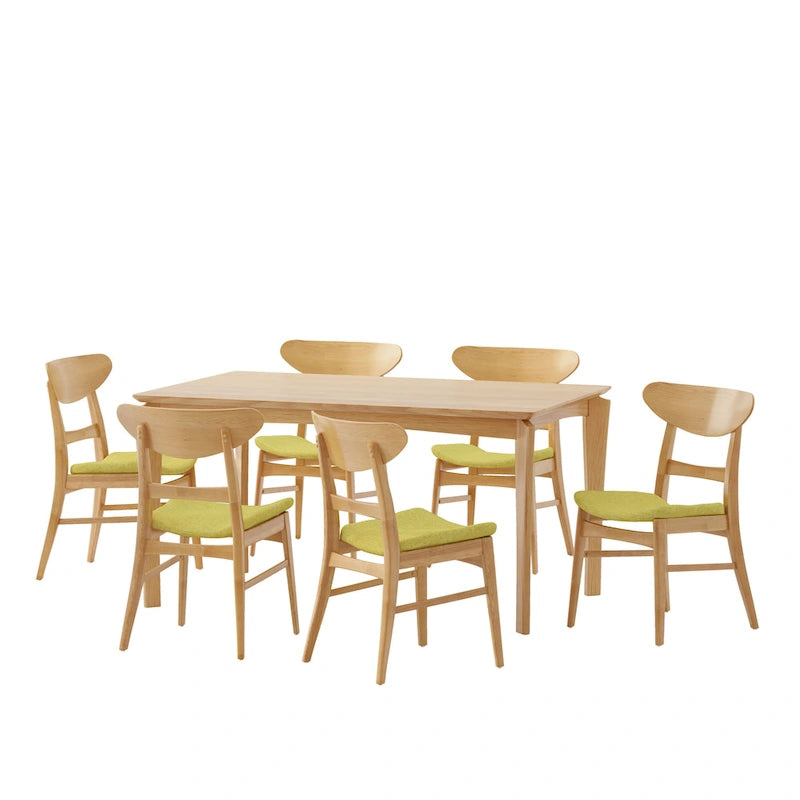 Dining Table with 6 Chairs - 59.1"W, Mid-Century Modern, Rubberwood, Upholstered Seats, 300 lbs Capacity, 6 Color Options