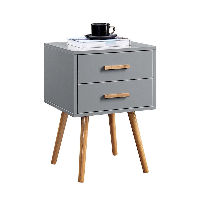 2-Drawer End Table - 15.75"L x 15.75"W x 23.5"H, MDF & Rubberwood, Bamboo Handles, Mid-Century Style, 7 Colors