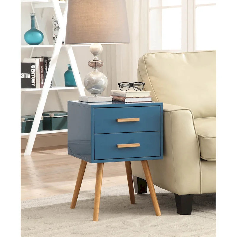 2-Drawer End Table - 15.75"L x 15.75"W x 23.5"H, MDF & Rubberwood, Bamboo Handles, Mid-Century Style, 7 Colors