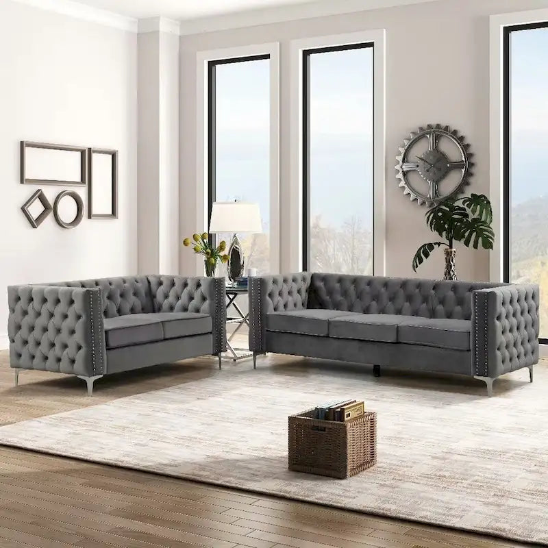 Velvet Sofa - Dutch Velvet, Iron Legs, Button Tufted, Nailhead Trim, 770-1102 lbs Capacity, Modern Transitional Style