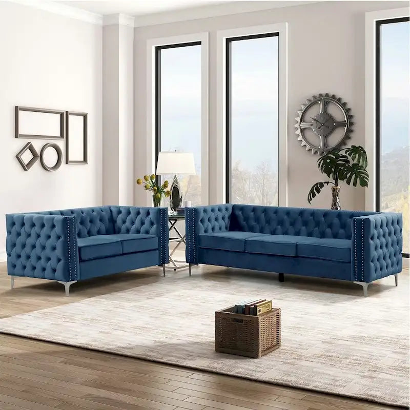 Velvet Sofa - Dutch Velvet, Iron Legs, Button Tufted, Nailhead Trim, 770-1102 lbs Capacity, Modern Transitional Style