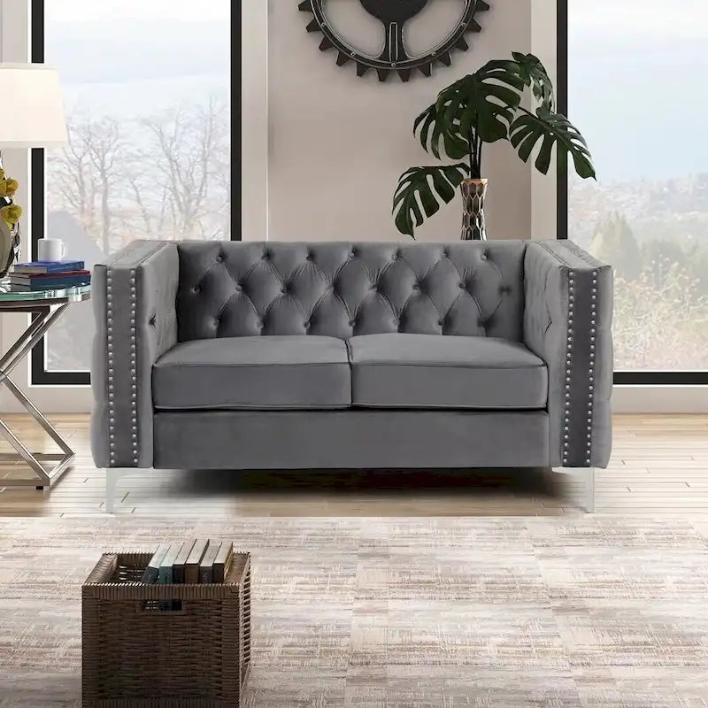 Velvet Sofa - Dutch Velvet, Iron Legs, Button Tufted, Nailhead Trim, 770-1102 lbs Capacity, Modern Transitional Style