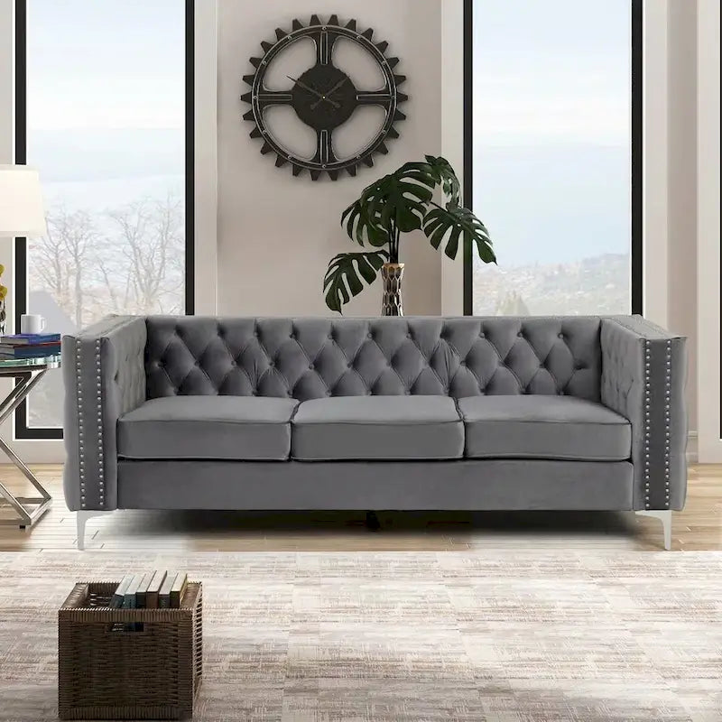 Velvet Sofa - Dutch Velvet, Iron Legs, Button Tufted, Nailhead Trim, 770-1102 lbs Capacity, Modern Transitional Style
