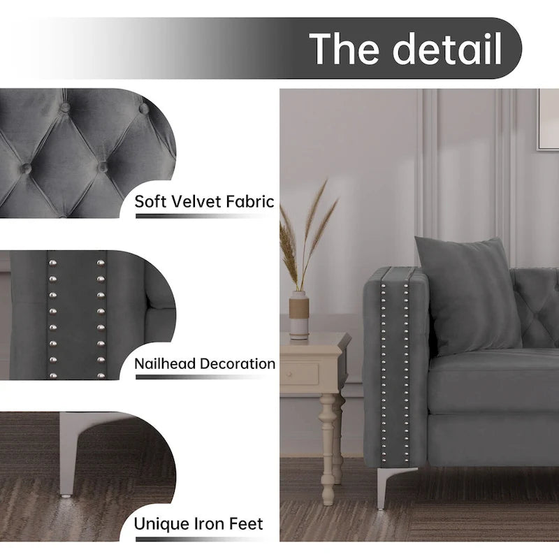 Velvet Sofa - Dutch Velvet, Iron Legs, Button Tufted, Nailhead Trim, 770-1102 lbs Capacity, Modern Transitional Style