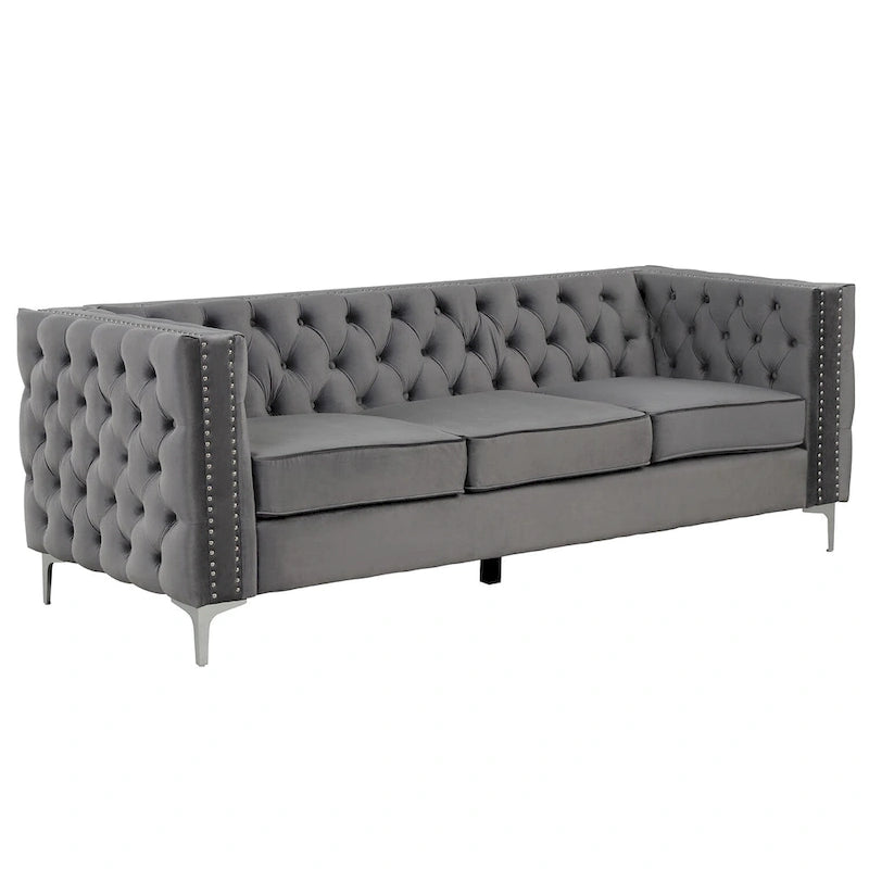 Velvet Sofa - Dutch Velvet, Iron Legs, Button Tufted, Nailhead Trim, 770-1102 lbs Capacity, Modern Transitional Style