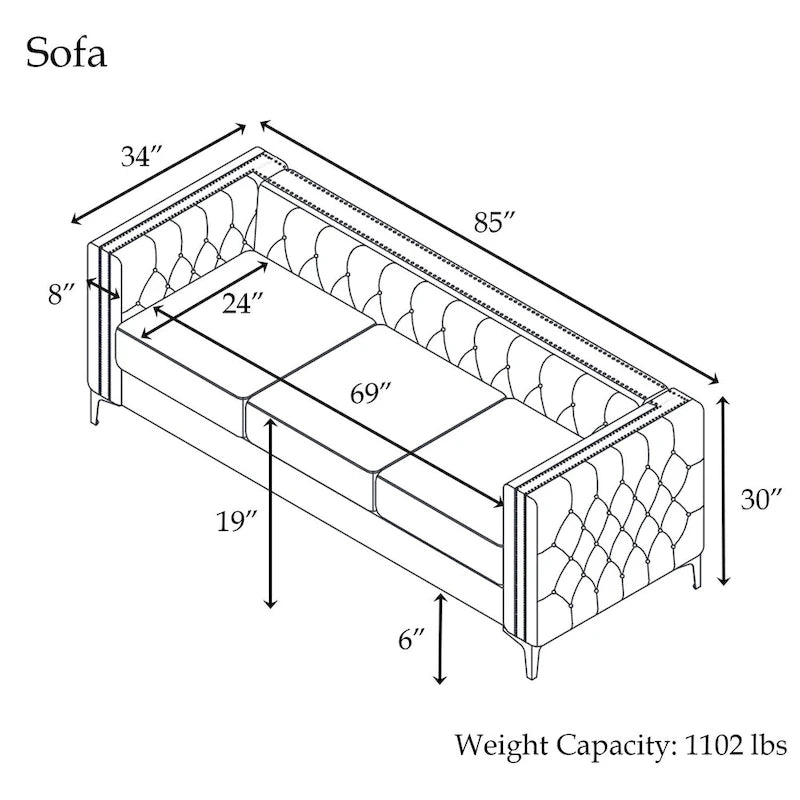 Velvet Sofa - Dutch Velvet, Iron Legs, Button Tufted, Nailhead Trim, 770-1102 lbs Capacity, Modern Transitional Style