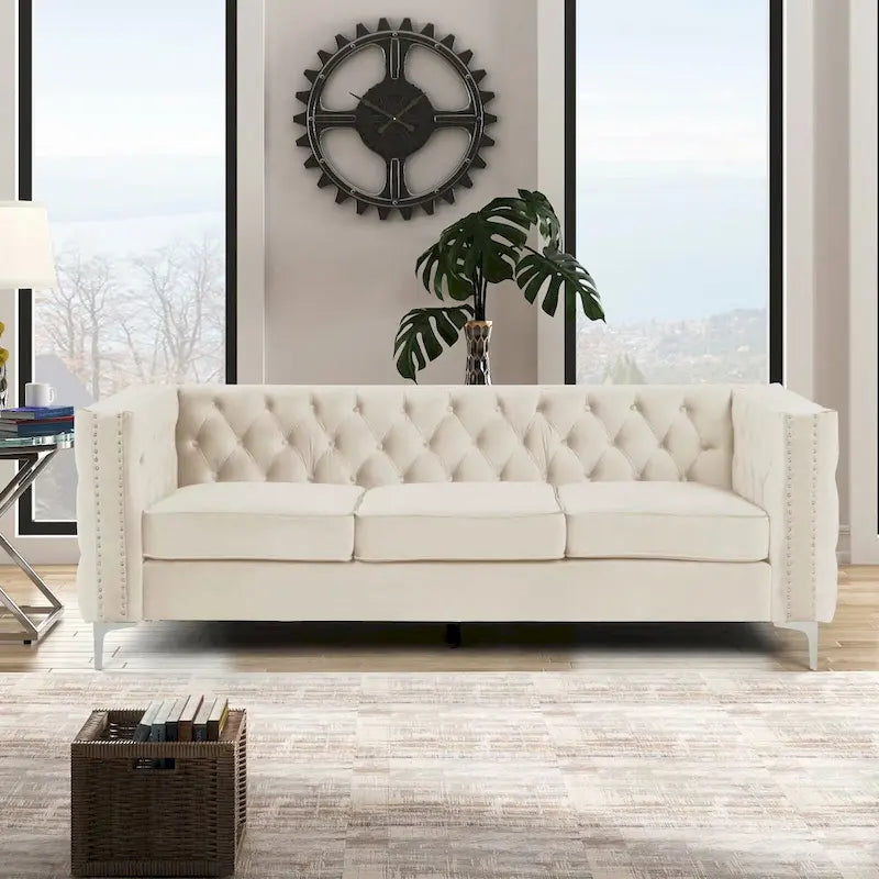 Velvet Sofa - Dutch Velvet, Iron Legs, Button Tufted, Nailhead Trim, 770-1102 lbs Capacity, Modern Transitional Style