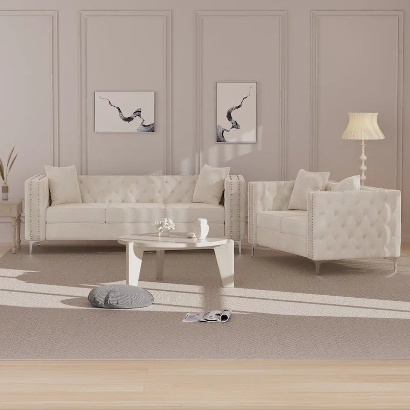 Velvet Sofa - Dutch Velvet, Iron Legs, Button Tufted, Nailhead Trim, 770-1102 lbs Capacity, Modern Transitional Style