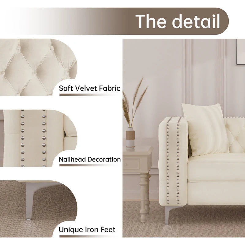 Velvet Sofa - Dutch Velvet, Iron Legs, Button Tufted, Nailhead Trim, 770-1102 lbs Capacity, Modern Transitional Style