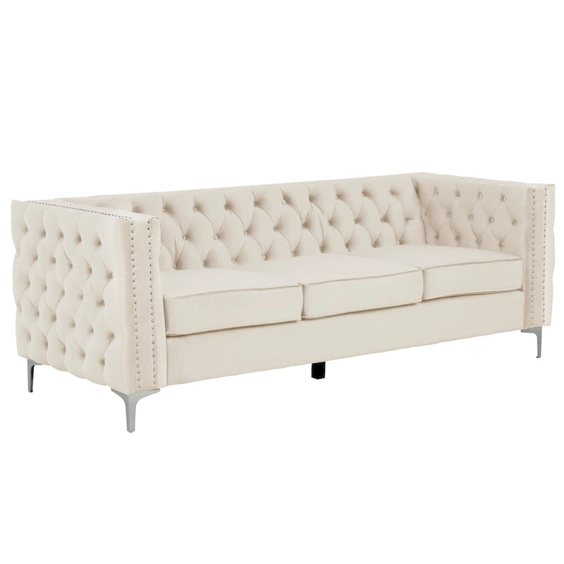 Velvet Sofa - Dutch Velvet, Iron Legs, Button Tufted, Nailhead Trim, 770-1102 lbs Capacity, Modern Transitional Style