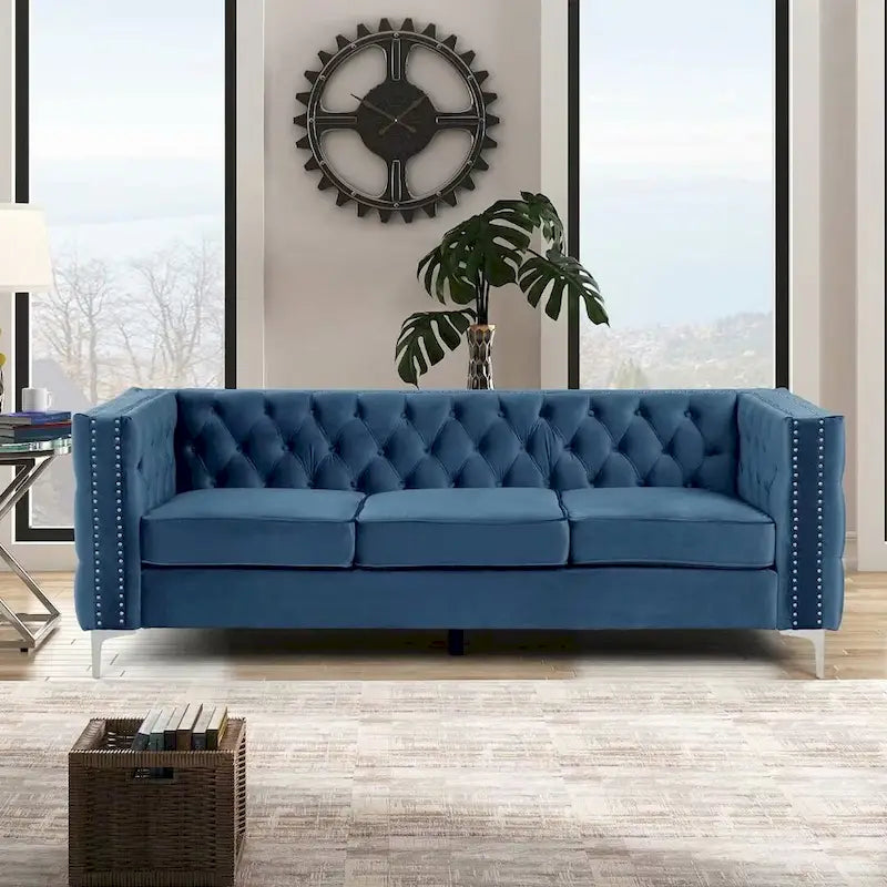 Velvet Sofa - Dutch Velvet, Iron Legs, Button Tufted, Nailhead Trim, 770-1102 lbs Capacity, Modern Transitional Style
