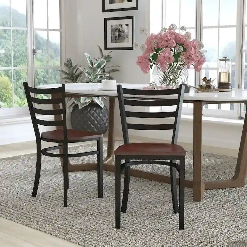 Ladder Back Metal Dining Chair - 16.5"W x 17"D x 32.25"H, 500 lbs Capacity, Black Frame, 6 Seat Options, Commercial Grade