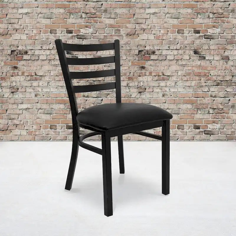 Ladder Back Metal Dining Chair - 16.5"W x 17"D x 32.25"H, 500 lbs Capacity, Black Frame, 6 Seat Options, Commercial Grade