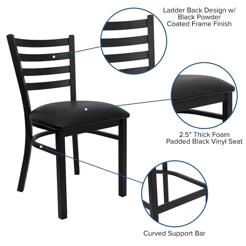 Ladder Back Metal Dining Chair - 16.5"W x 17"D x 32.25"H, 500 lbs Capacity, Black Frame, 6 Seat Options, Commercial Grade
