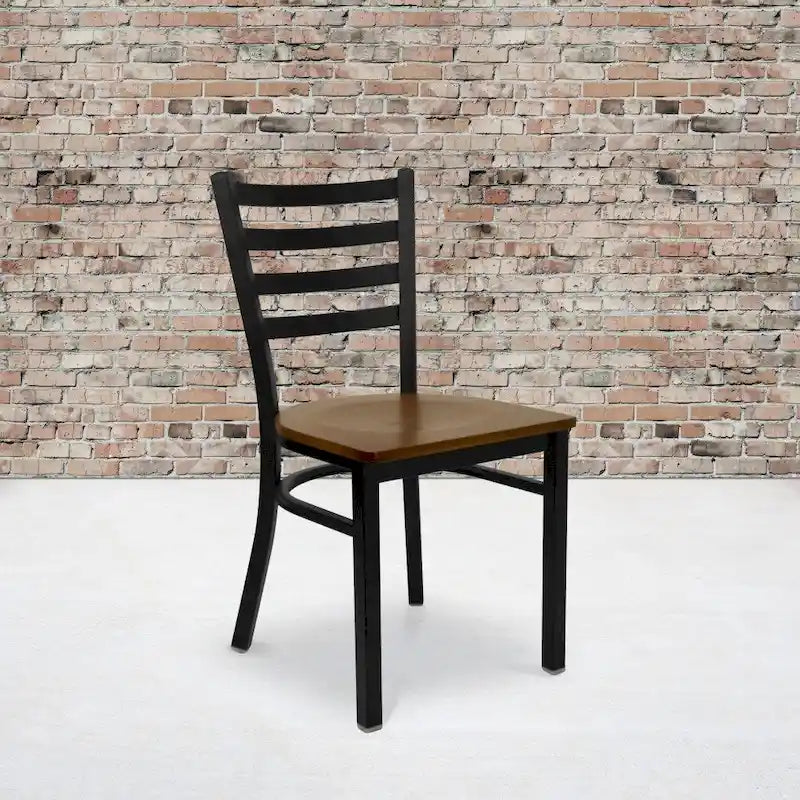 Ladder Back Metal Dining Chair - 16.5"W x 17"D x 32.25"H, 500 lbs Capacity, Black Frame, 6 Seat Options, Commercial Grade
