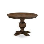 Round Dining Table with Chairs - 48"x48", Mid-Century Modern, Rubberwood, Brown Linen, Button Tufted, Distressed Jacobean