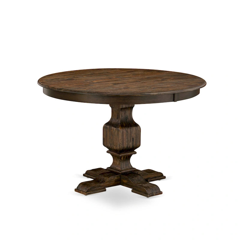 Round Dining Table with Chairs - 48"x48", Mid-Century Modern, Rubberwood, Brown Linen, Button Tufted, Distressed Jacobean