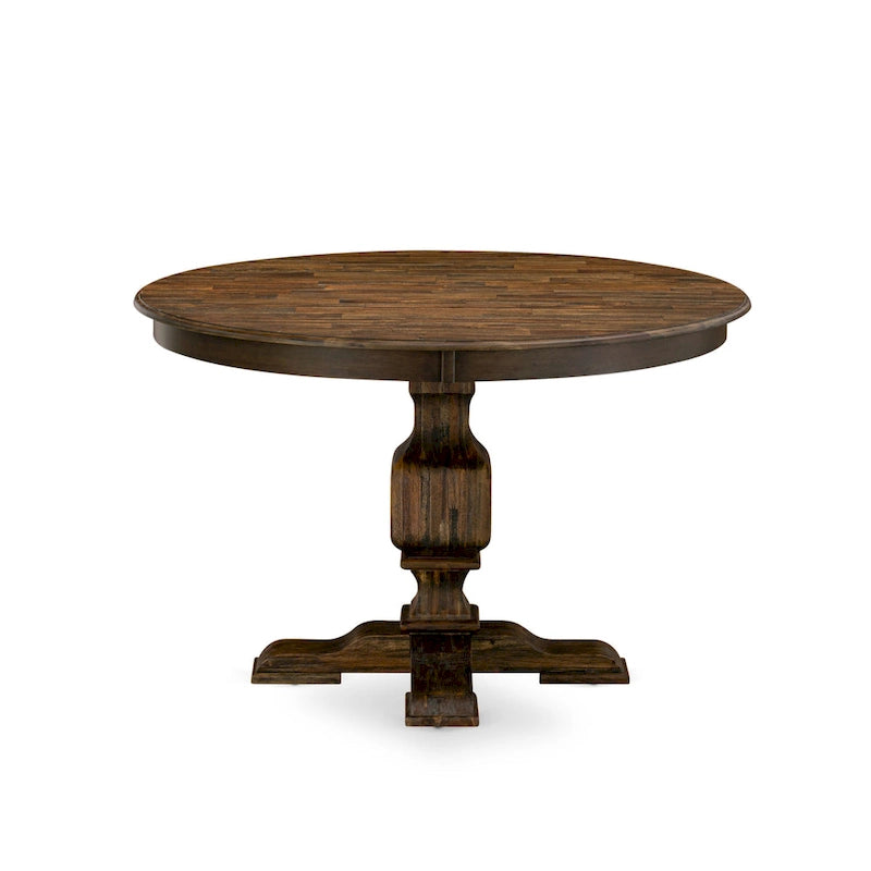 Round Dining Table with Chairs - 48"x48", Mid-Century Modern, Rubberwood, Brown Linen, Button Tufted, Distressed Jacobean