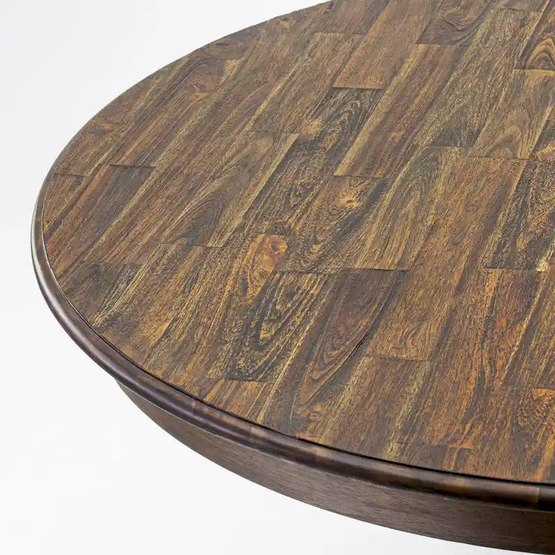 Round Dining Table with Chairs - 48"x48", Mid-Century Modern, Rubberwood, Brown Linen, Button Tufted, Distressed Jacobean