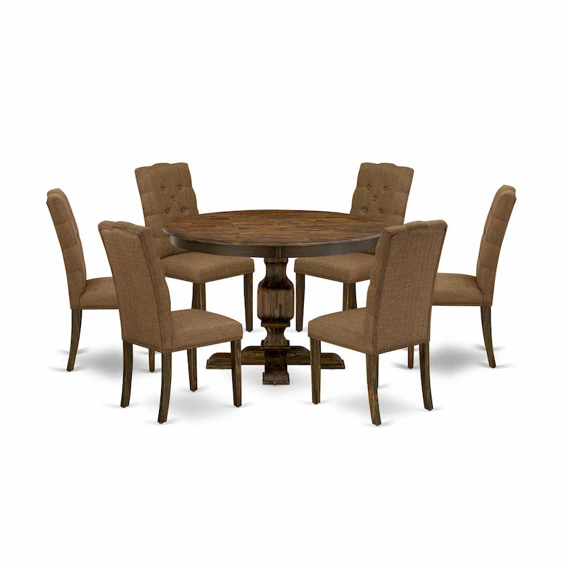 Round Dining Table with Chairs - 48"x48", Mid-Century Modern, Rubberwood, Brown Linen, Button Tufted, Distressed Jacobean
