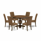 Round Dining Table with Chairs - 48"x48", Mid-Century Modern, Rubberwood, Brown Linen, Button Tufted, Distressed Jacobean
