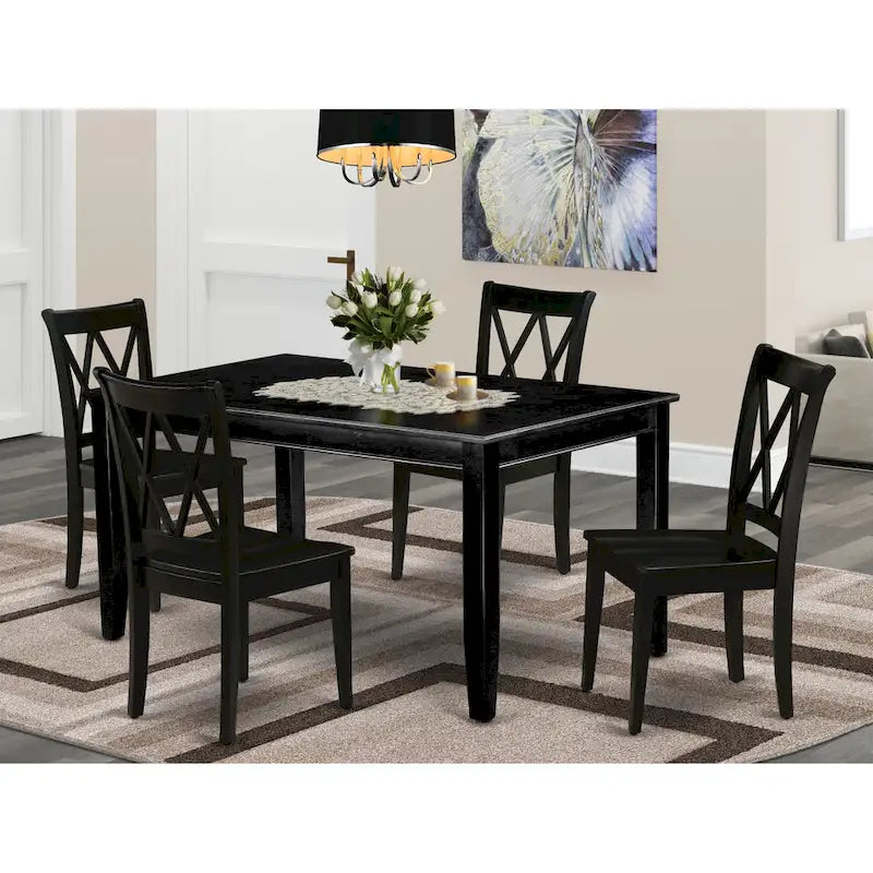Rectangular Dining Table with Chairs - Asian Hardwood, Double X-Back Design, 36"x60", Black Finish, 4 or 6 Chairs