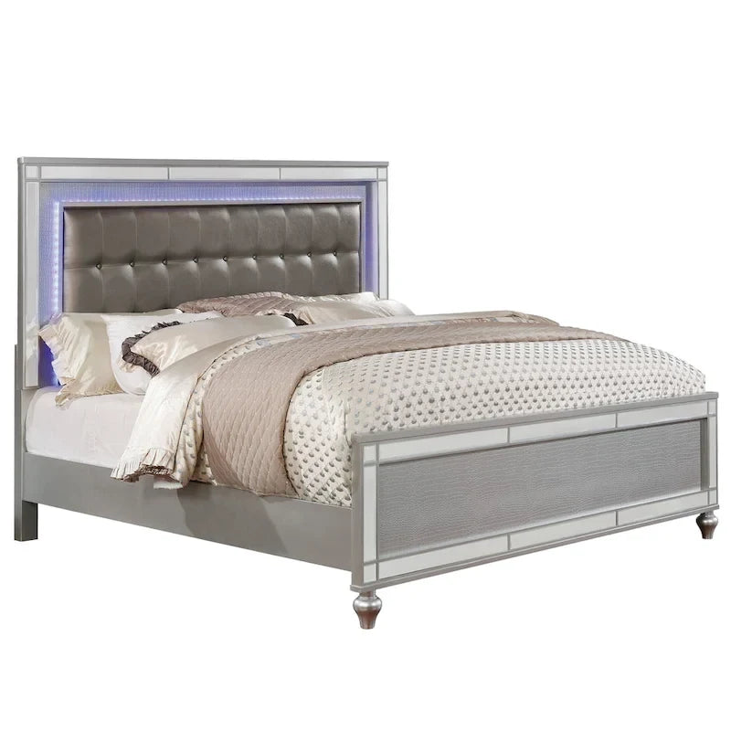 Upholstered Bed with LED - Tufted Headboard, Mirror Trim, Faux Leather, 600 lbs, Queen/King/Cal King, 3 Colors, Modern Glam