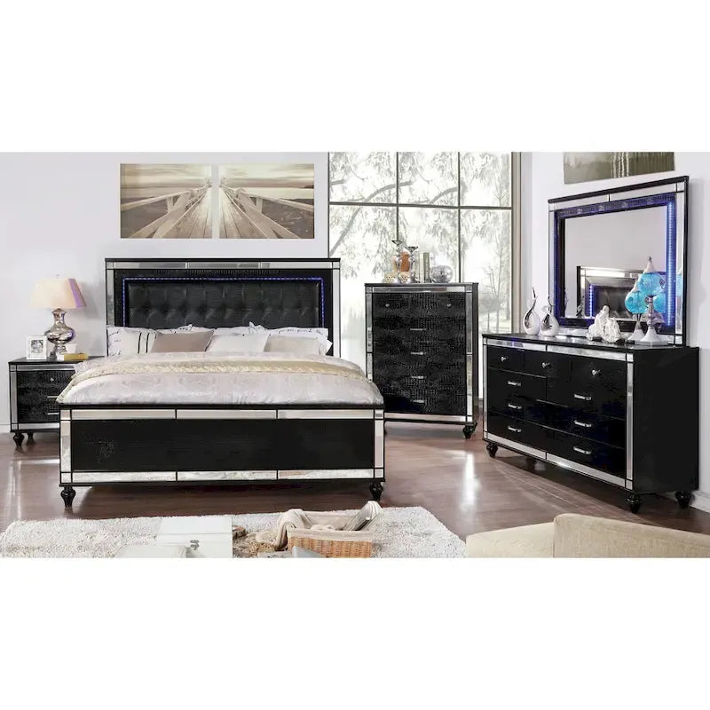 Upholstered Bed with LED - Tufted Headboard, Mirror Trim, Faux Leather, 600 lbs, Queen/King/Cal King, 3 Colors, Modern Glam